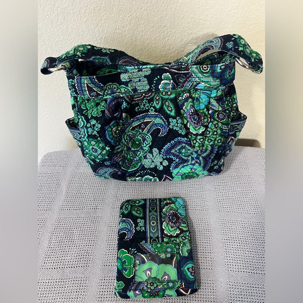 Vera Bradley Midnight Paisley Bucket Shoulder Bag + Matching Wallet Set